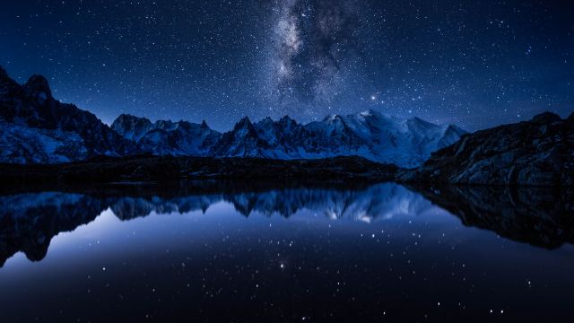 Milky Way Starry Sky Night Mountains Lake Reflection Cold 5k wallpaper