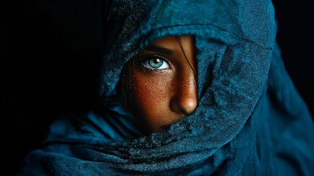 Green-Eyed Girl in Blue Veil wallpaper