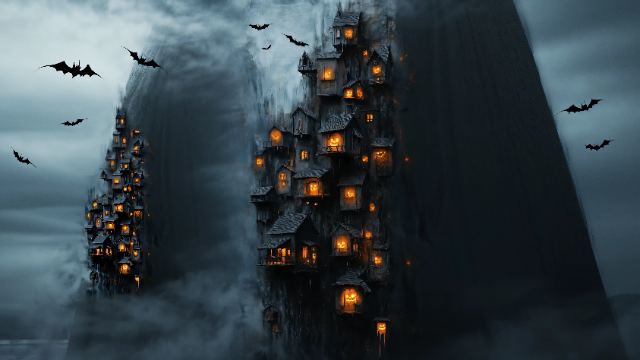 Halloween Cliffside Village wallpaper