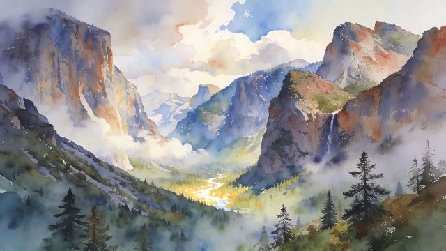 Watercolor Mountain Vista wallpaper in 3840x2160